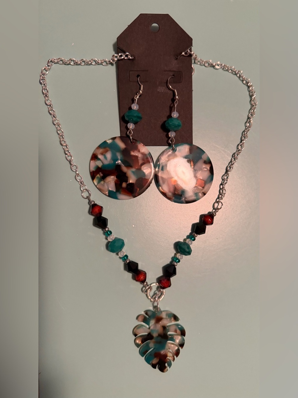 Teal Multicolor Acrylic Leaf Necklace & Matching Acrylic Disc Earrings